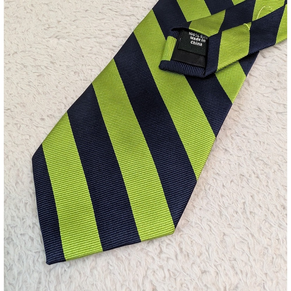 J. Crew Factory‎ Silk Tie Navy Lime Green Diagonal Stripe Preppy Rugby 3" Width